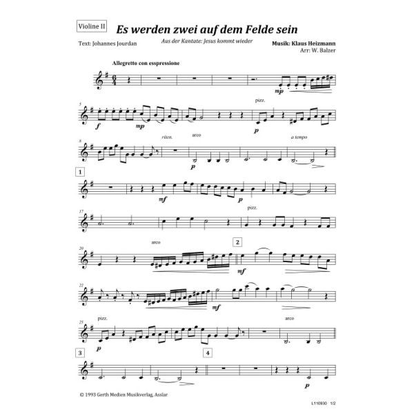 Produktbild des Artikels Es werden zwei auf dem Felde sein (Violine II) (Noten - Download)