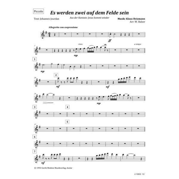 Produktbild des Artikels Es werden zwei auf dem Felde sein (Piccolo) (Noten - Download)