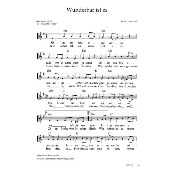 Produktbild des Artikels Wunderbar ist es / Hine ma tov (Noten - Download)
