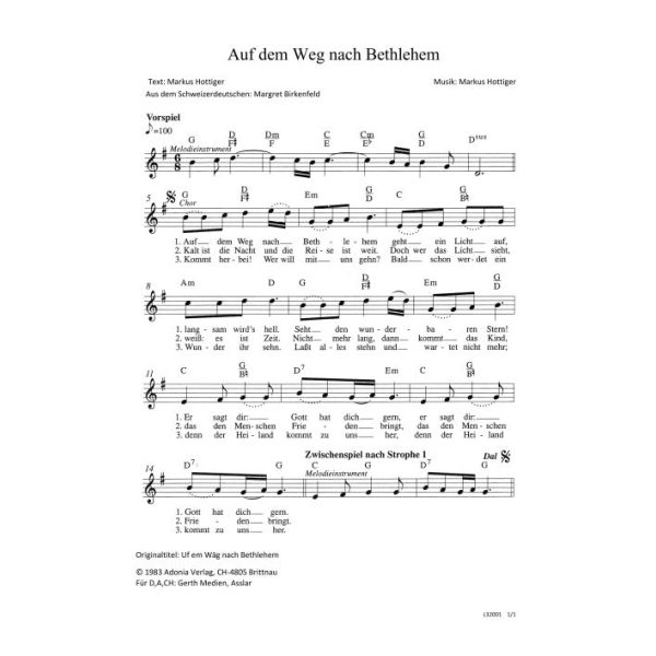 Produktbild des Artikels Auf dem Weg nach Bethlehem / Uf em Wäg nach Bethlehem (Noten - Download)
