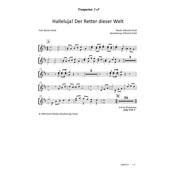 Produktbild des Artikels Halleluja! Der Retter dieser Welt ist da (Trompete 1+2/Posaune) (Noten - Download)