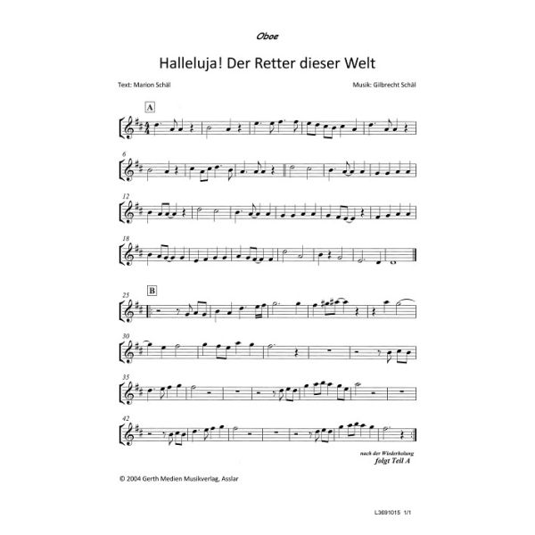 Produktbild des Artikels Halleluja! Der Retter dieser Welt ist da (Oboe) (Noten - Download)