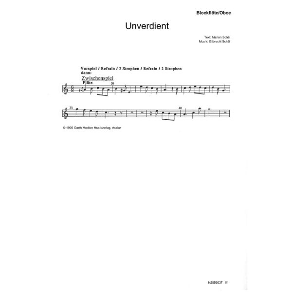 Produktbild des Artikels Unverdient (Blockflöte/Oboe) (Noten - Download)